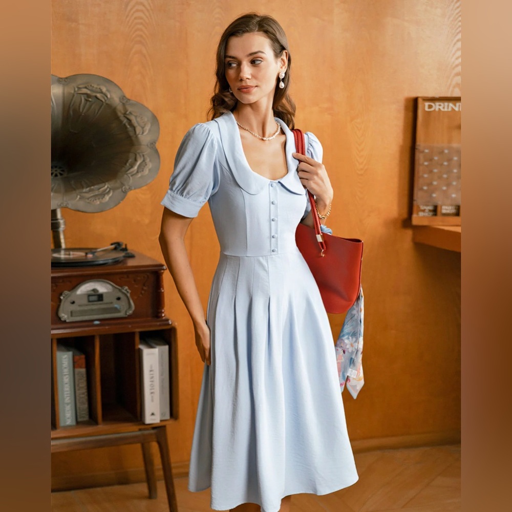 Rihoas Blue U Neck Puffed Sleeve Pleated Midi Dress